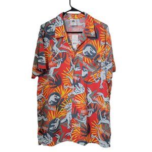 Jurassic Park Size L Red Orange Gray White Dinosaur Print Short Sleeve Shirt